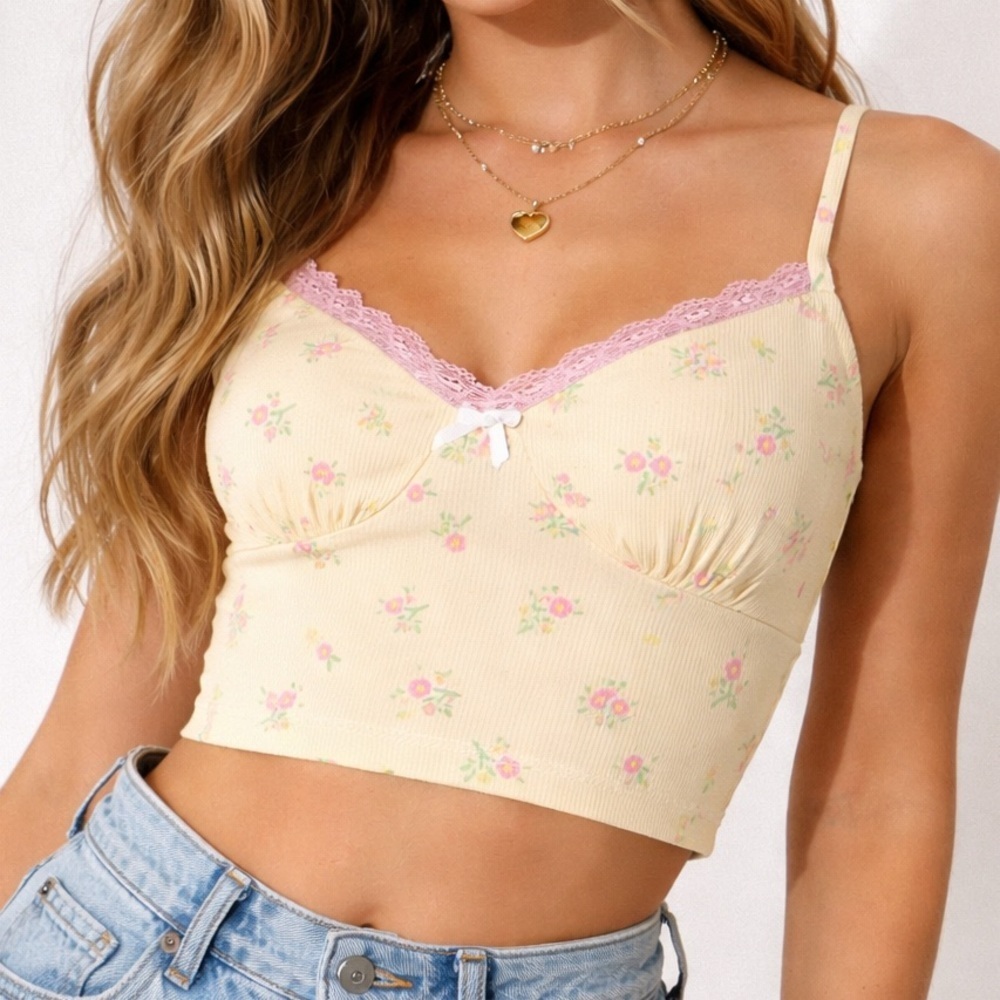 Princess Polly Floral Lace Trim Cami Crop Top Yellow Pink Ribbed Coquette M
